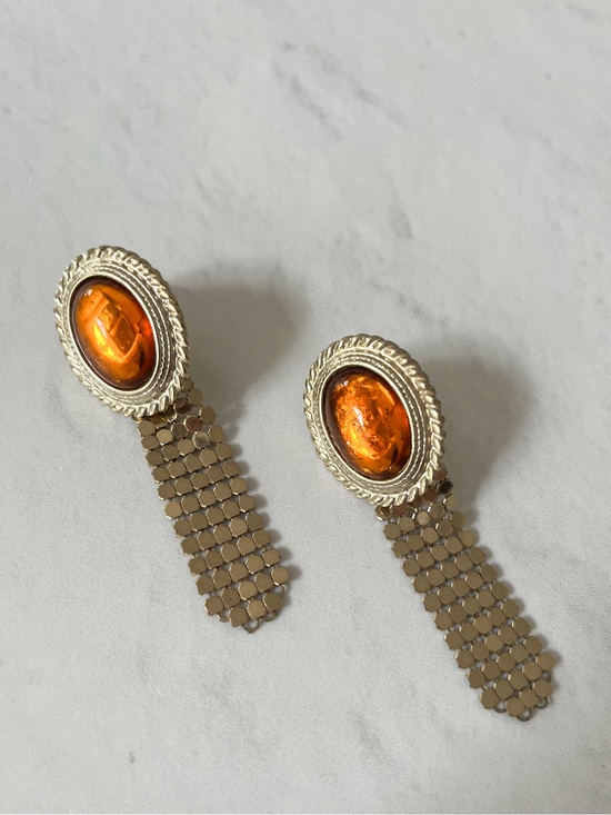 Whiting & Davis Jewelry - Vtg Whiting Davis Amber Glass Cabochon Gold Metal Mesh Ribbon Clip On Earrings